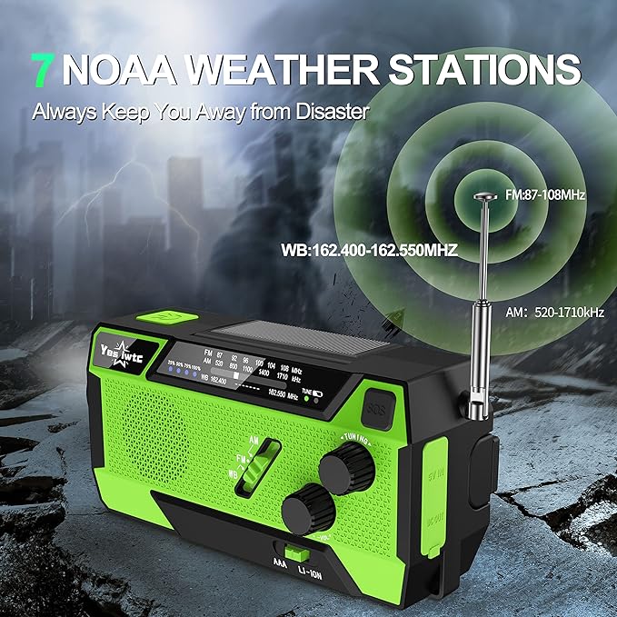 7400mWh NOAA Emergency Weather Radio with 3 in 1 Charging Cable - Solar Hand Crank Alert Radio - 3 Power Supply Methods - SOS Alarm, Flashlight for Hurricane Emergencies