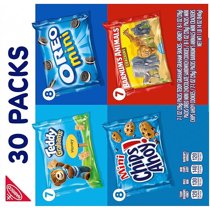 Nabisco Team Favorites Variety Pack, OREO Mini, CHIPS AHOY! Mini, Teddy Grahams Honey & Barnum's Animal Crackers, Christmas Cookies Stocking Stuffers, 30 Snack Packs (Pack of 4)