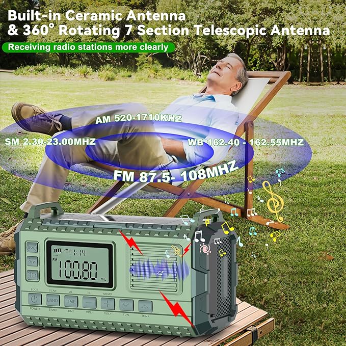 Emergency Weather Radio - AM/FM/NOAA Hand Crank Radio with 15W Fast Charge, 39800mAh Portable Solar Power Bank, Multi-Function Flashlight & SOS Alarm for Outdoor Indoor Emergencies (Green)