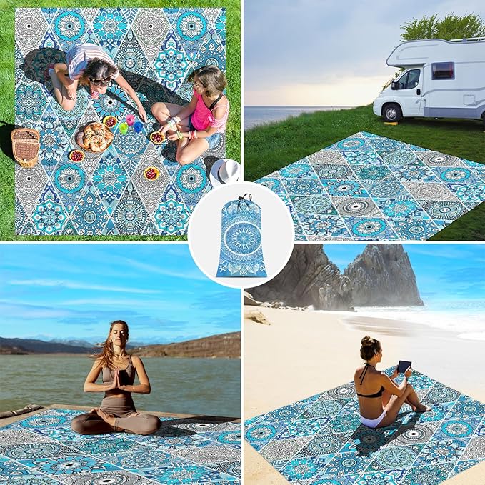 Teal Mandala Beach Blanket Waterproof Sandproof, Large Beach Mat Sand Free for 2-4 Adults, Lightweight Outdoor Picnic Blanket for Travel, Camping, Hiking, Essentials Accessories for Vacation