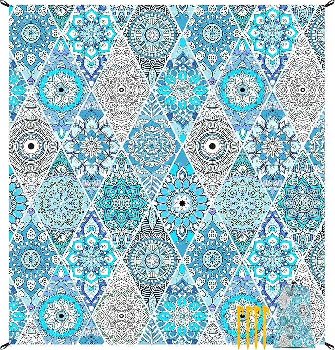 Teal Mandala Beach Blanket Waterproof Sandproof, Large Beach Mat Sand Free for 2-4 Adults, Lightweight Outdoor Picnic Blanket for Travel, Camping, Hiking, Essentials Accessories for Vacation