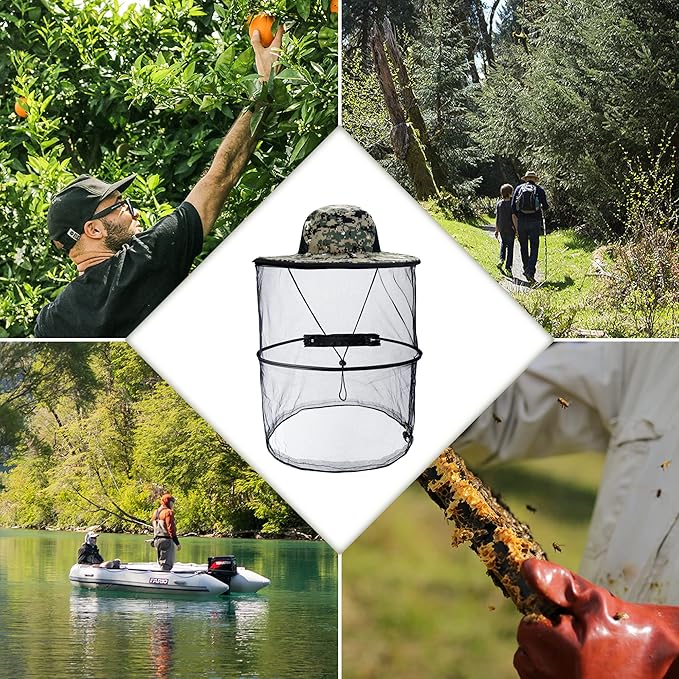 Mosquito Head Net Hat with Removable Mesh Hidden Netting, Camouflage Design with Zipper Net for Outdoor Fishing Gardening Hiking Face Cover (Digital Camouflage)