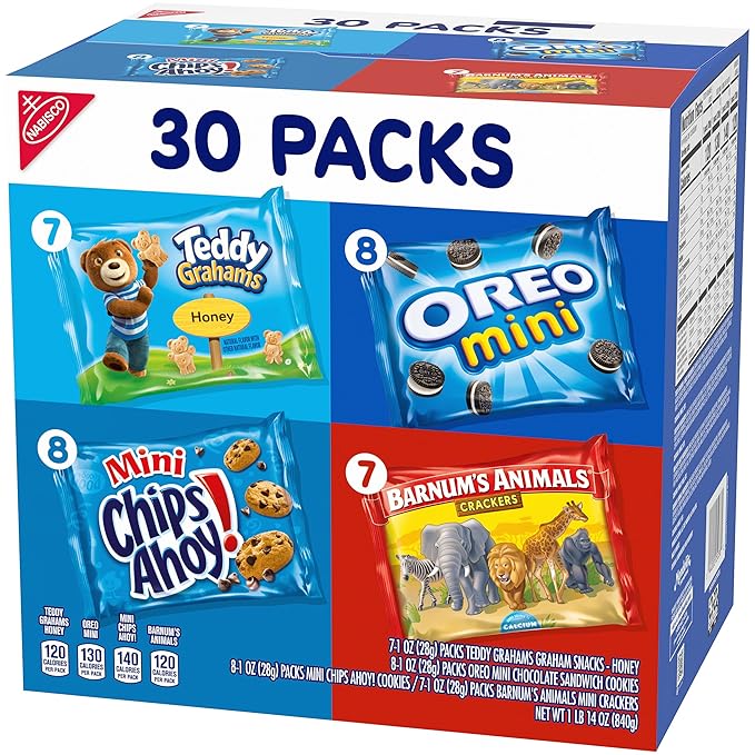 Nabisco Team Favorites Variety Pack, OREO Mini, CHIPS AHOY! Mini, Teddy Grahams Honey & Barnum's Animal Crackers, Christmas Cookies Stocking Stuffers, 30 Snack Packs (Pack of 4)