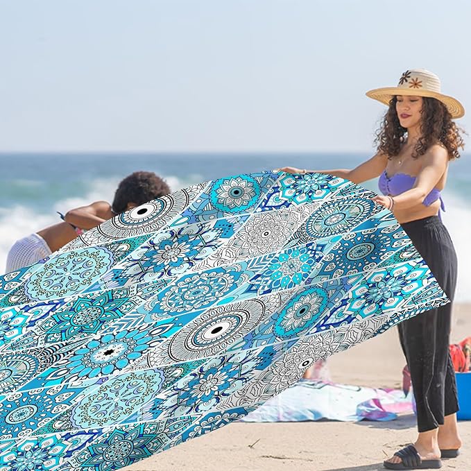 Teal Mandala Beach Blanket Waterproof Sandproof, Large Beach Mat Sand Free for 2-4 Adults, Lightweight Outdoor Picnic Blanket for Travel, Camping, Hiking, Essentials Accessories for Vacation