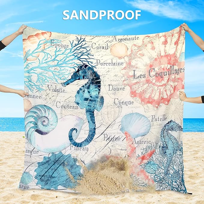 Beach Blanket, Sandproof Beach Mat, Waterproof Quick Drying Lightweight Outdoor Aztec Picnic Mat 79" X 83" for 2-4 Adults with Pocket for Travel, Camping, Hiking