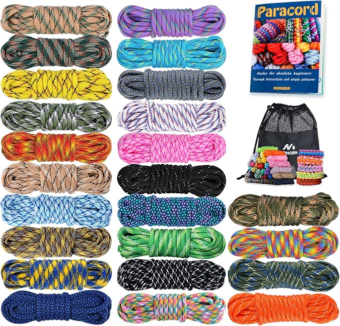 MONOBIN Paracord 550 Combo kit, 24 Colors 10ft Paracord Rope with Instruction, Multifunction Parachute Cord for Making Paracord Bracelets, Lanyard, Dog Collar, Idea for Gift…
