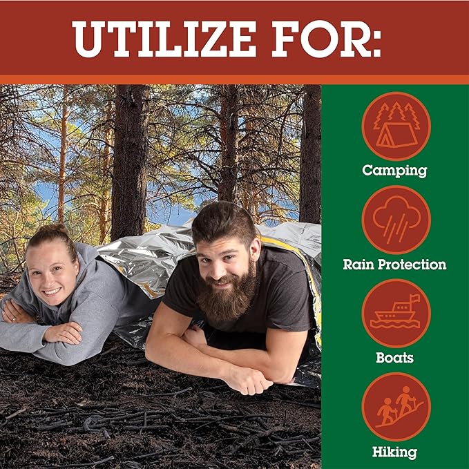 Emergency Thermal Mylar 2 Person Sleeping Bags -Ultra Compact for Camping, Survival, Disaster Bivouac Shelter- Pocket Sized, 7.25ft x 5.25ft - Retains 90% of Body Heat and Repels Wind & Water