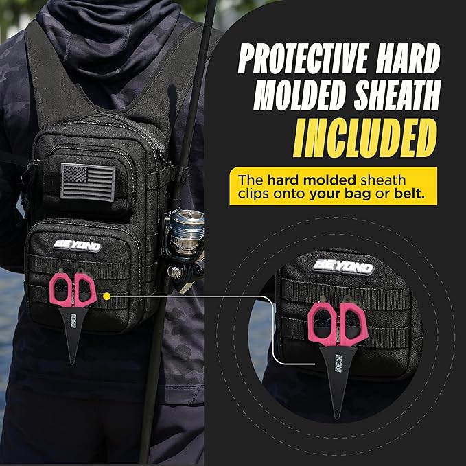 Beyond Fishing 6.5" Pro Fishing Shears Dual Serrated Blades, Fishing Braided Line Scissors with Titanium Coating, Non-Slip Grip & Multifunction Tool, Includes Hard Molded Locking Sheath