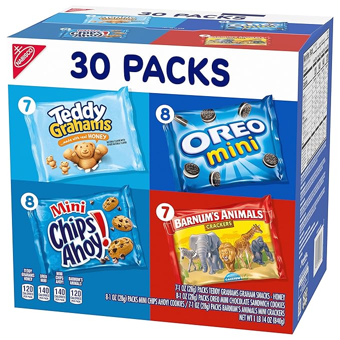 Nabisco Team Favorites Variety Pack, OREO Mini, CHIPS AHOY! Mini, Teddy Grahams Honey & Barnum's Animal Crackers, 30 Snack Packs