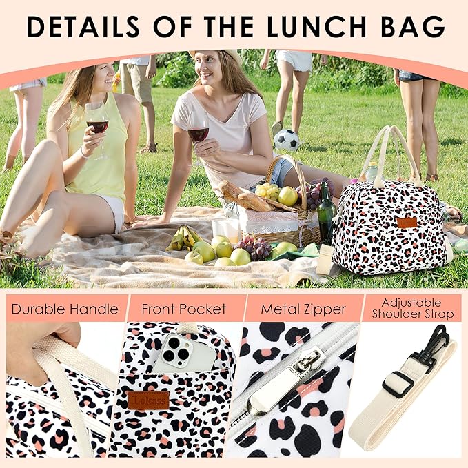LOKASS Lunch Box for Women-Insulated Adults Lunch Bag with Removable Shoulder Strap&Front Pocket,Cute Lunch Tote for Work-Reusable Leopard Print Cooler Bag for Office Picnic Beach or Travel
