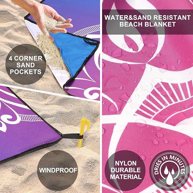 Beach Blanket, Sandproof Beach Mat, Waterproof Quick Drying Lightweight Outdoor Aztec Picnic Mat 79" X 83" for 2-4 Adults with Pocket for Travel, Camping, Hiking
