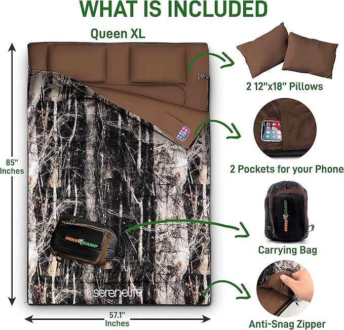 SereneLife Double Sleeping Bag with Pillows, Waterproof & Detachable for 2 Single Bags, Lightweight & Warm, Perfect for Camping, Hiking, Backpacking, and Cold Weather, Suitable for Temperatures 5-10°F
