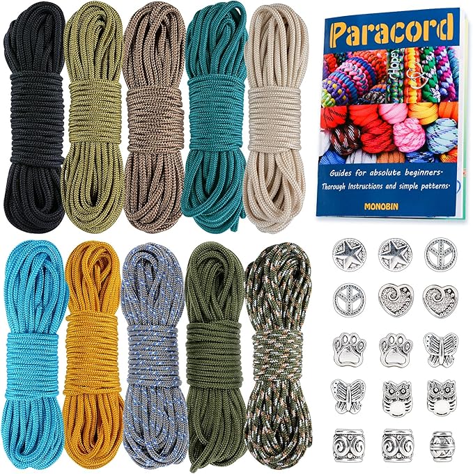 MONOBIN Micro Paracord,2mm 10Colors 20FT Paracord Combo Kit with Paracord Instructions and Charms for Making Paracord Bracelets, Lanyards, Jewelry Making