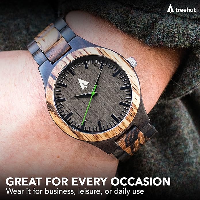 Treehut Wooden Watches for Men, Great Japanese Quartz Analog, Stylish Exotic Watch with Adjustable Stainless Steel Clasp, Buckle, Made from Ebony and Walnut Wood, Relojes Hombre Mujeres