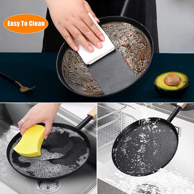 Frying Pan Skillet 8-inch Flat Griddle Pan, Lightweight Small Grill Pan with Wooden Handle for Camping Indoor Outdoor Cooking