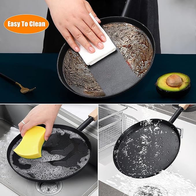8-inch Frying Pan Skillet Flat Crepe Pan, Lightweight Grill Pan with Wooden Handle for Camping Indoor Outdoor Cooking