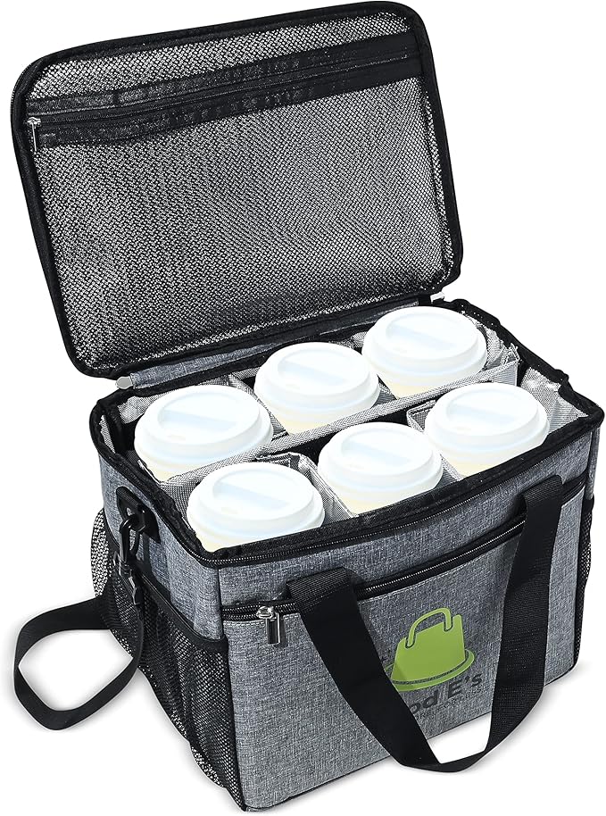 Good Eβs Reusable 6 Cups Insulated Beverage Bag, Portable Cooler Tote with 5 Divider, Shoulder Strap & Side Pockets, Drink Caddy Cup Holder Carrier for Delivery Travel, Insulated Picnic Bag (6 Cups)