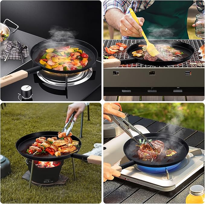 8-inch Frying Pan Skillet Flat Crepe Pan, Lightweight Grill Pan with Wooden Handle for Camping Indoor Outdoor Cooking