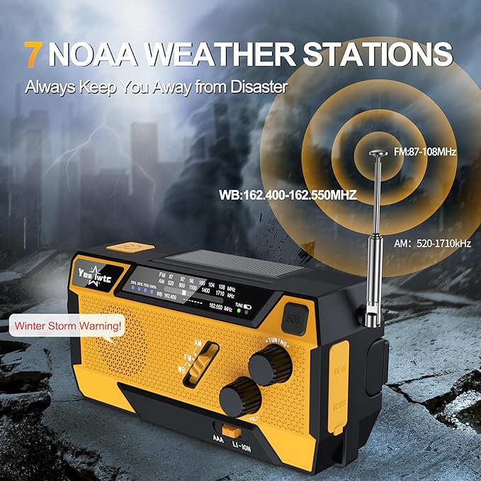 Hand Crank Emergency Radio NOAA Weather Radio 7400mWh Battery Operated 3 in 1 Charging Cable Hand Crank Charger with AM FM Portable Solar Powered Radio for Winter Storm Hurricane Survival Gear