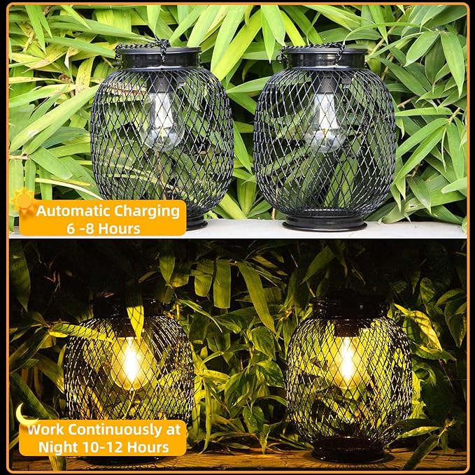 Lanterns Outdoor Waterproof, Collasis 2 Pack Vintage Metal Hanging Lanterns with Hooks Solar Garden Decoration Lights Solar Lights Outdoor for Patio Balcony Yard Lawn, Black