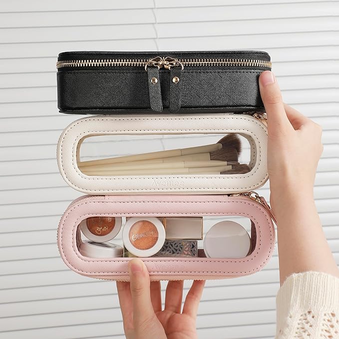 Aveniee Slim Clear Makeup Brush Bag, Small Cosmetic Brush Holder, Mini Toiletry Bag Travel Case for Women, Thin Make up Bags with Dual Zipper, Cute Travel Essentials Bag Organizer - Taupe
