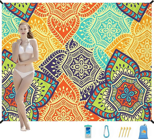 Beach Blanket Waterproof Sandproof 1-7 Adult Oversized 78 '' × 110 '' Lightweight Durable Compact Sand Free Beach Mat for Travel Camping Hiking Picnic Blanket Extra Large