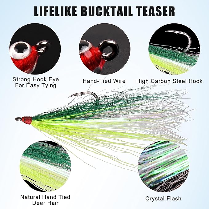 Fishing Bucktail Teaser Hooks,5pcs Saltwater Fishing Jig Teaser Lures with Carbon Steel Hooks Crystal Flash Flounder Rigs for Salmon Trout Sea Bass Steelhead