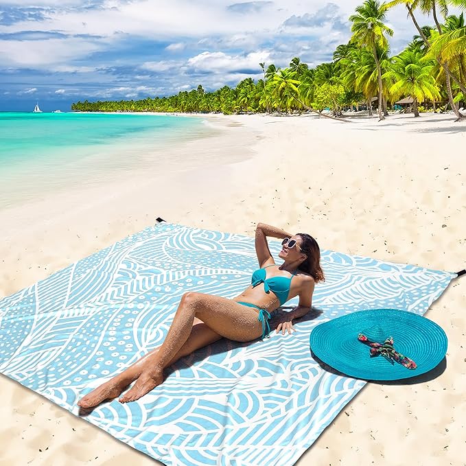 Beach Blanket Waterproof Sandproof Beach Mat 79โx 83โ for 1-4 Adults Quick Drying Durable Outdoor Picnic Mat for Beach Festival Travel Picnic Camping Hiking (BL-Ripple, 79"ร108"(6 Person))