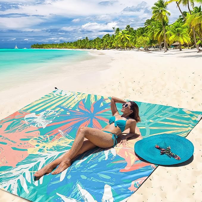 Beach Blanket Waterproof Sandproof Beach Mat 79βx 83β for 1-4 Adults Quick Drying Durable Outdoor Picnic Mat for Beach Festival Travel Camping Hiking (Colorful-Palm, 79"Γ83"(4 Person))