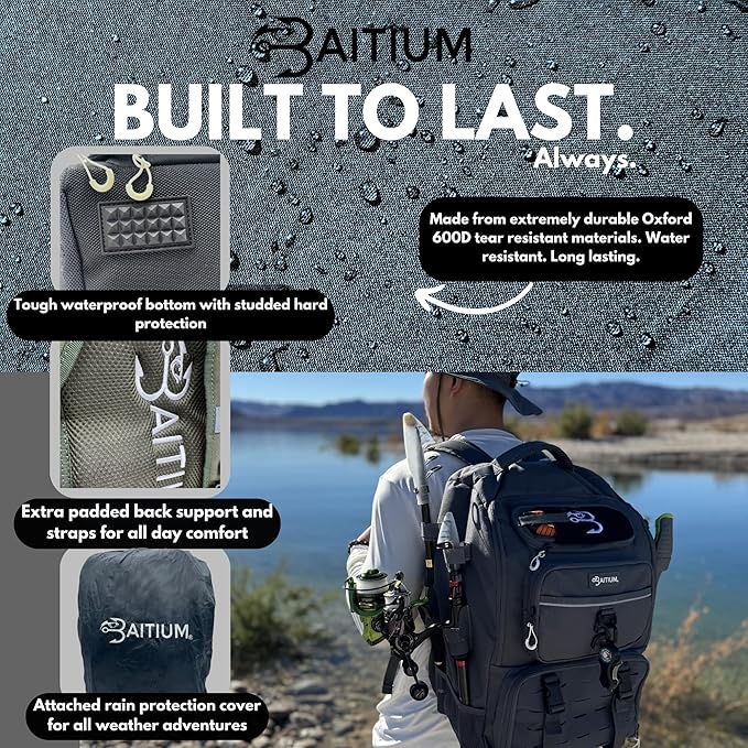 Baitium Fishing Backpack, Tackle Bag With Rod Holders, 40L Capacity With Cooler, Rain Cover, Insulated Pocket, 4 Tackle Trays Included - (Grey)