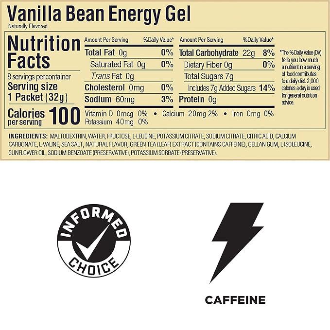 GU Energy Original Sports Nutrition Energy Gel, Vegan, Gluten-Free, Kosher, and Dairy-Free On-the-Go Energy for Any Workout, 8-Count, Vanilla Bean
