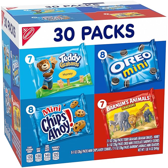 Nabisco Team Favorites Variety Pack, OREO Mini, CHIPS AHOY! Mini, Teddy Grahams Honey & Barnum's Animal Crackers, Christmas Cookies Stocking Stuffers, 30 Snack Packs (Pack of 4)