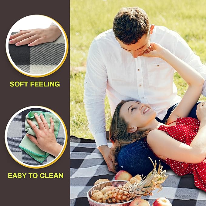 PortableAnd Picnic Blankets, 3 Layer Soft Fleece Blanket for Beach,Camping on Grass, Waterproof, Sandproof, Best Gift for Couple & Families, Black and Gray Checkered