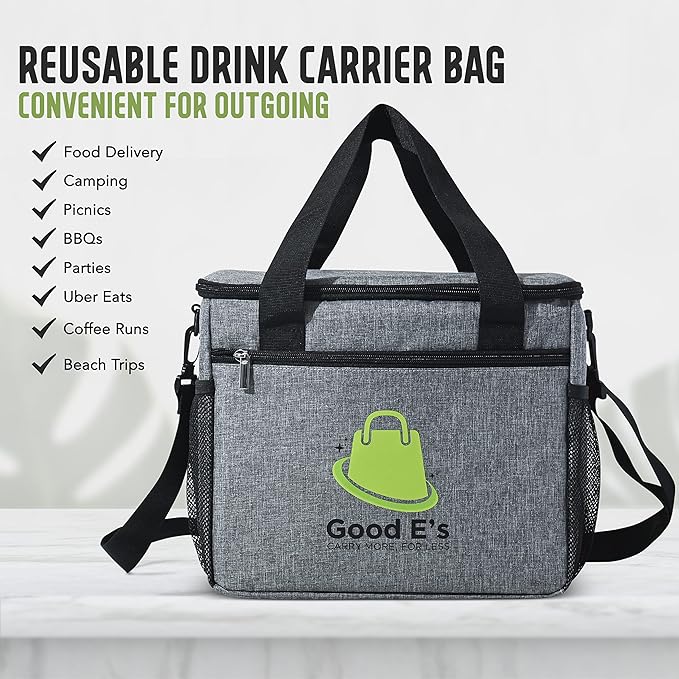 Good Eβs Reusable 6 Cups Insulated Beverage Bag, Portable Cooler Tote with 5 Divider, Shoulder Strap & Side Pockets, Drink Caddy Cup Holder Carrier for Delivery Travel, Insulated Picnic Bag (6 Cups)