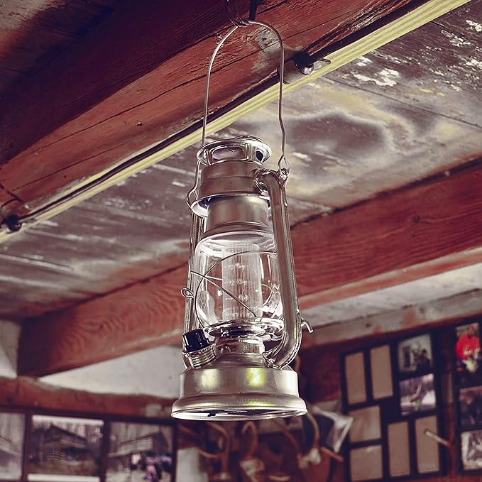 YAKii LED Vintage Metal Hanging Hurricane Lantern - 12 LED Dimmer Switch, Cold White Battery Operated Lantern for Power Outage, Indoor Camping, Outdoor Decoration (Silver)