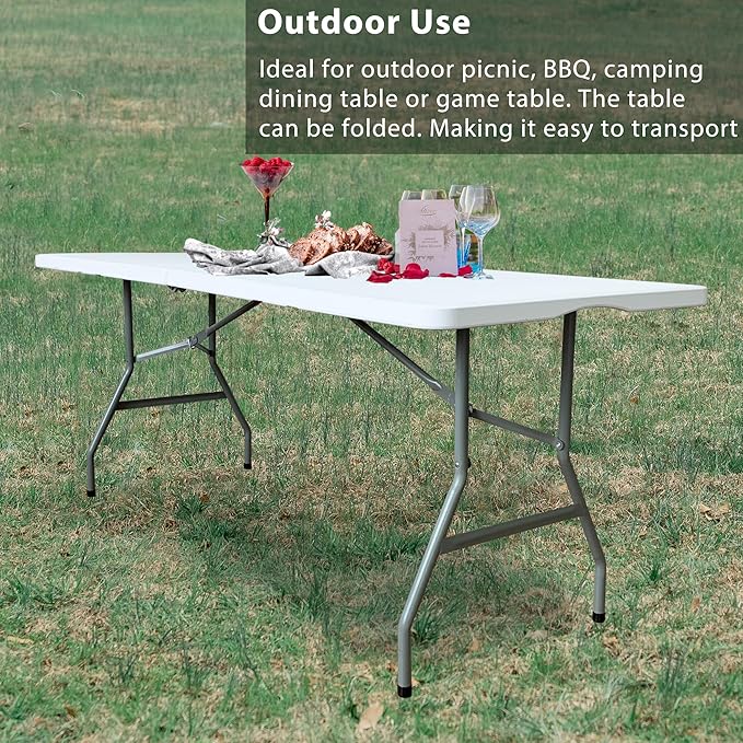 6 Foot Folding Table 6ft Fold in Half Heavy Duty Plastic Foldable Table, 72 inch Portable Table with Handle,Indoor Outdoor 6‘ Utility Card Tables for Picnic, Party, Dining