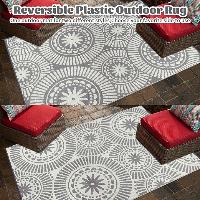 Ileading Reversible Plastic Outdoor Rug Modern Geometric Style Patio Straw Mat Waterproof Deck Carpets Non Shedding Portable Area Rugs for RV Beach Backyard Outside Pool Picnic Camping (5'x8'Grey)