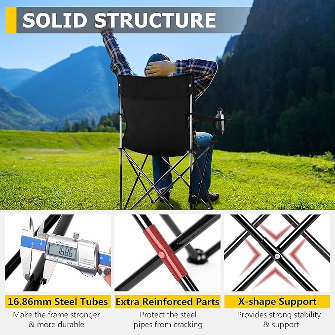 Joyfair Portable Camping Chair, Outdoor Lawn Folding Chairs for Adults, Heavy Duty Large Foldable Chairs for Beach, Fishing, Tailgating Outdoor Sport, 2 Cup Holders & Carry Bag