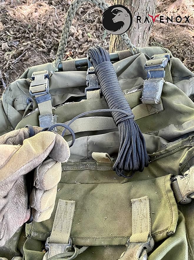 Ravenox Type III 550 Paracord | Genuine Military 550 Cord (Black)(100 Feet)| 7 Inner Strand, 100% Twisted Nylon Cordage | Parachute Cord Rope for Military, Survival, Outdoor Recreation | Made in USA