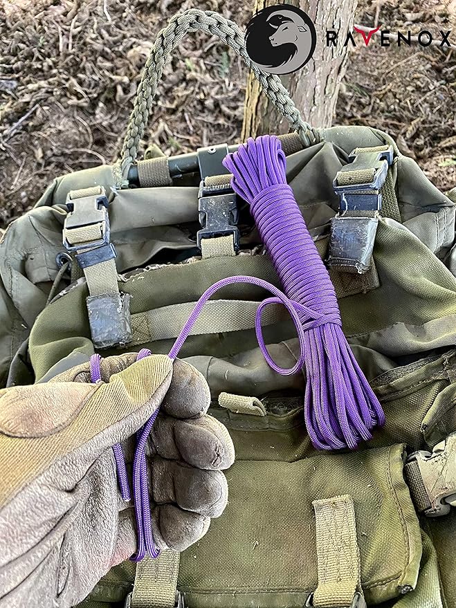 Ravenox Type III 550 Paracord | Genuine Military 550 Cord (Purple)(25 Feet)| 7 Inner Strand, 100% Twisted Nylon Cordage | Parachute Cord Rope for Military, Survival, Outdoor Recreation | Made in USA