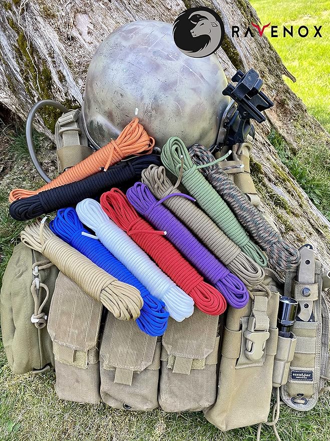 Ravenox Type III 550 Paracord | Genuine Military 550 Cord (Orange)(50 Feet)| 7 Inner Strand, 100% Twisted Nylon Cordage | Parachute Cord Rope for Military, Survival, Outdoor Recreation | Made in USA