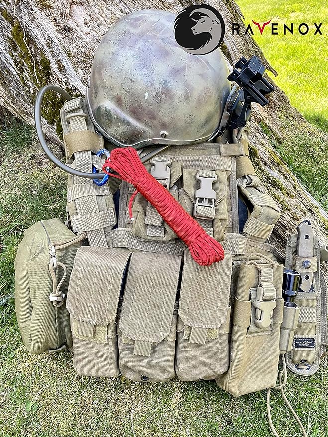 Ravenox Type III 550 Paracord | Genuine Military 550 Cord (Red)(50 Feet)| 7 Inner Strand, 100% Twisted Nylon Cordage | Parachute Cord Rope for Military, Survival, Outdoor Recreation | Made in USA
