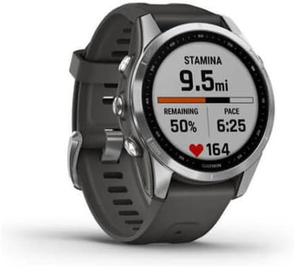 Garmin Fenix 7S, Smaller Sized Adventure smartwatch, Rugged Outdoor Watch with GPS, Touchscreen, Health and Wellness Features, Silver with Graphite Band