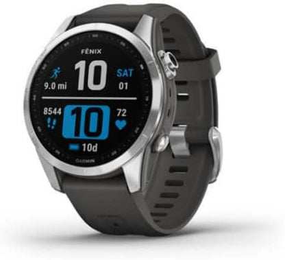 Garmin Fenix 7S, Smaller Sized Adventure smartwatch, Rugged Outdoor Watch with GPS, Touchscreen, Health and Wellness Features, Silver with Graphite Band