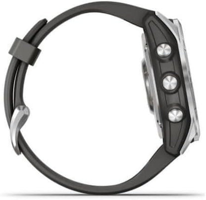 Garmin Fenix 7S, Smaller Sized Adventure smartwatch, Rugged Outdoor Watch with GPS, Touchscreen, Health and Wellness Features, Silver with Graphite Band