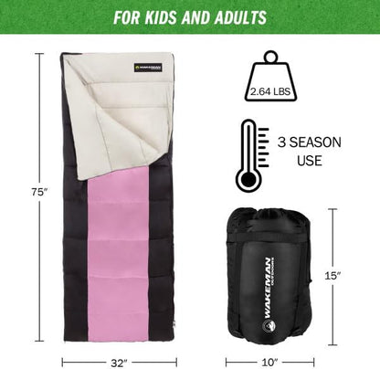 Sleeping Bag - 3 Season Warm and Cool Weather Sleeping Bags for Adults, Teens, and Kids - Lightweight Compact Spring Summer Fall Camping Essentials by Wakeman (Pink)