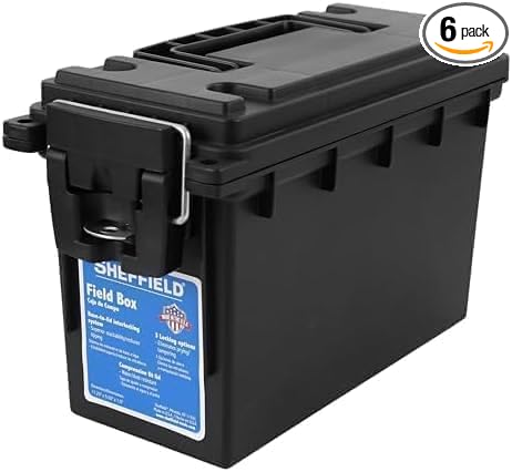 Sheffield 12629 Ammo Storage Box, Stackable .30 Cal Field Boxes, Water and Dust Resistant, Lockable, Made in USA, Black (Pack of 6)
