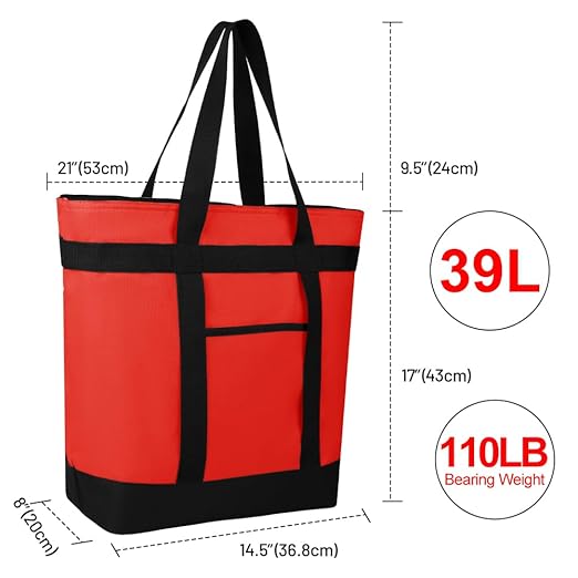 Insulated Reusable Tote Bag for Grocery Shopping for Women, Pizza/Food Delivery Bag to Keep Food Cold/Hot for Uber Eats/Doordash/Grubub, Cooler bags for Travel/Beach/Picnic, Red