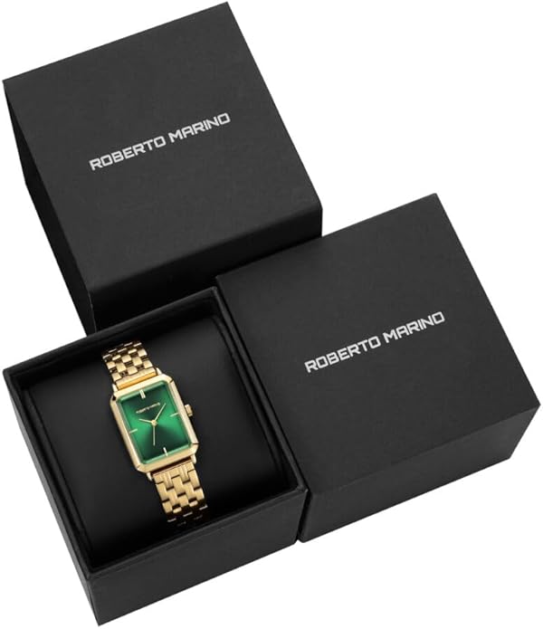 Roberto Marino RM1982 Women’s Luxury Watch Rectangular Gold – Japanese Quartz Movement, Vintage Stainless Steel Design, Silver Dial, Elegant Dress Timepiece, 3ATM Water Resistant – Reloj para Mujer