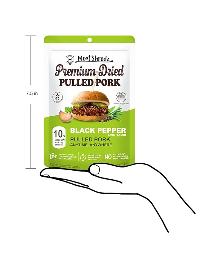 Meat Shredz - Premium Dried Pulled Pork (Black Pepper, 4 Pack) | Gluten Free | High Protein & Low Sugar | Bacon Bits | Dehydrated Backpacking & Camping Food | Shredded, Dried Jerky Chew Snack